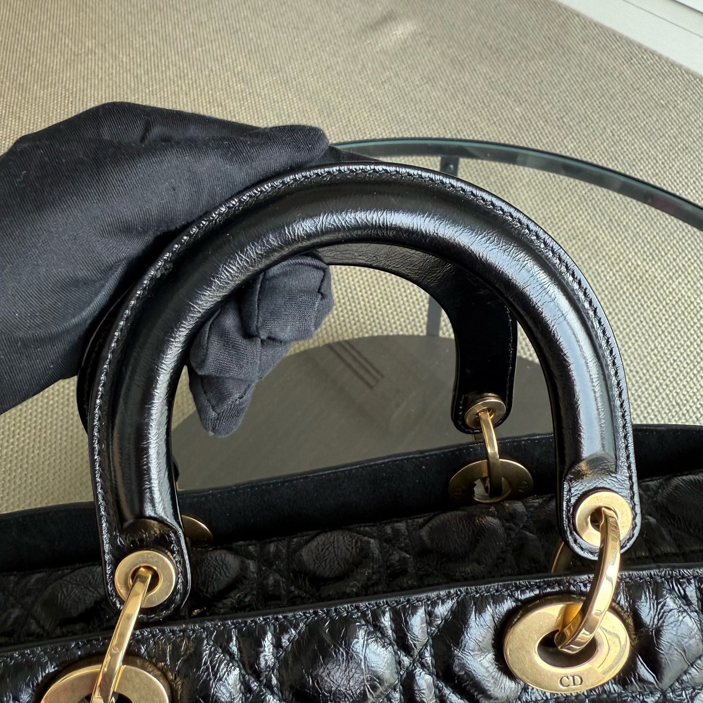DIO Lady Grand Rabat - Canange Glazed Calfskin, Black and Gold Finishes