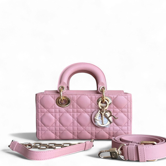 Kovancy Lady Petit rabat D-Joy - Cuir d'agneau Cannage rose et matériel doré