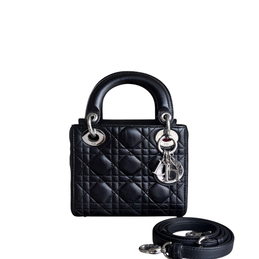 Kovancy Lady Mini - Sangle réglable en cuir d'agneau Cannage noir et argent