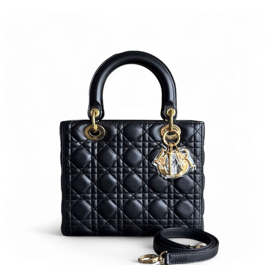 Kovancy Lady Moyen - Cuir d'agneau Cannage noir et matériel doré