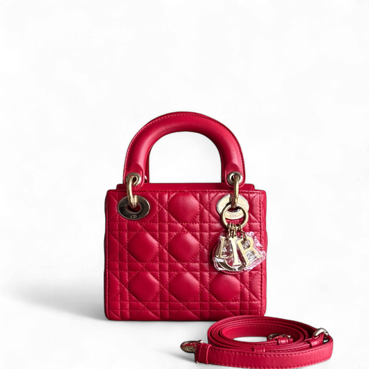 Kovancy Lady Mini - Bandoulière réglable en cuir d'agneau Cannage rouge et matériel doré