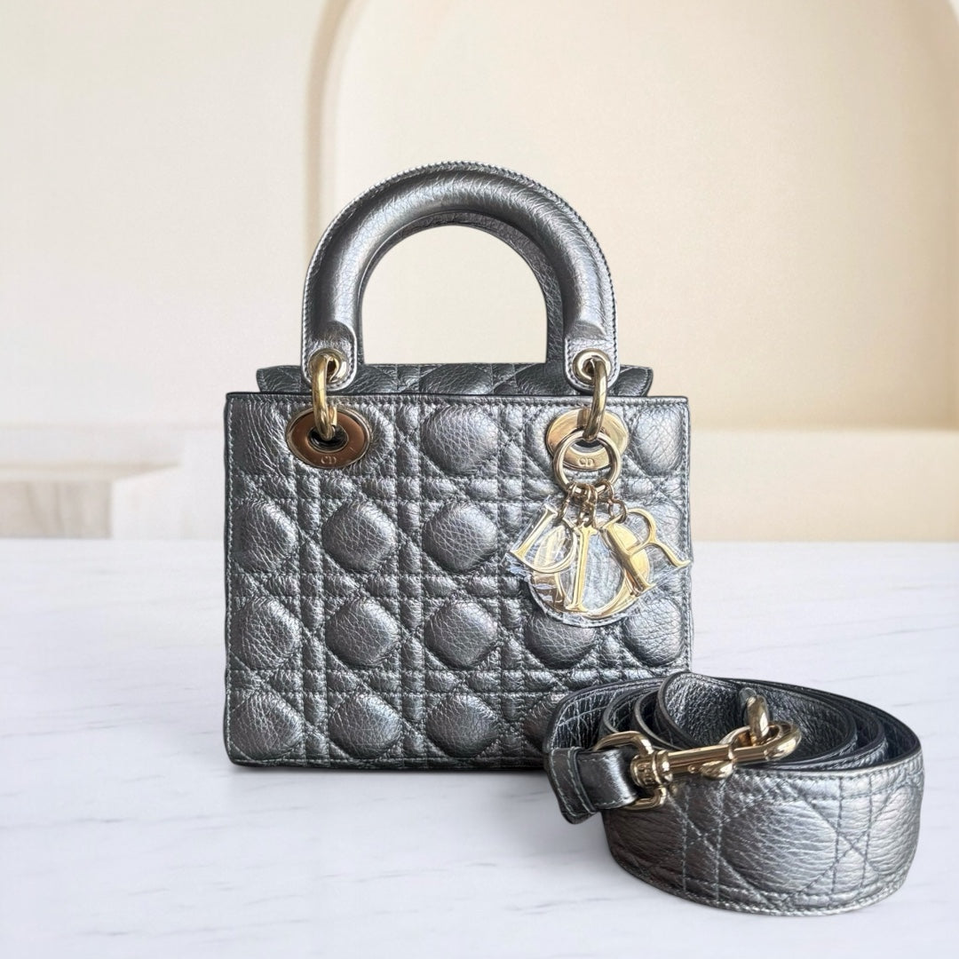 Kovancy Lady Petit modèle - Cuir de veau gris cannage, finitions dorées