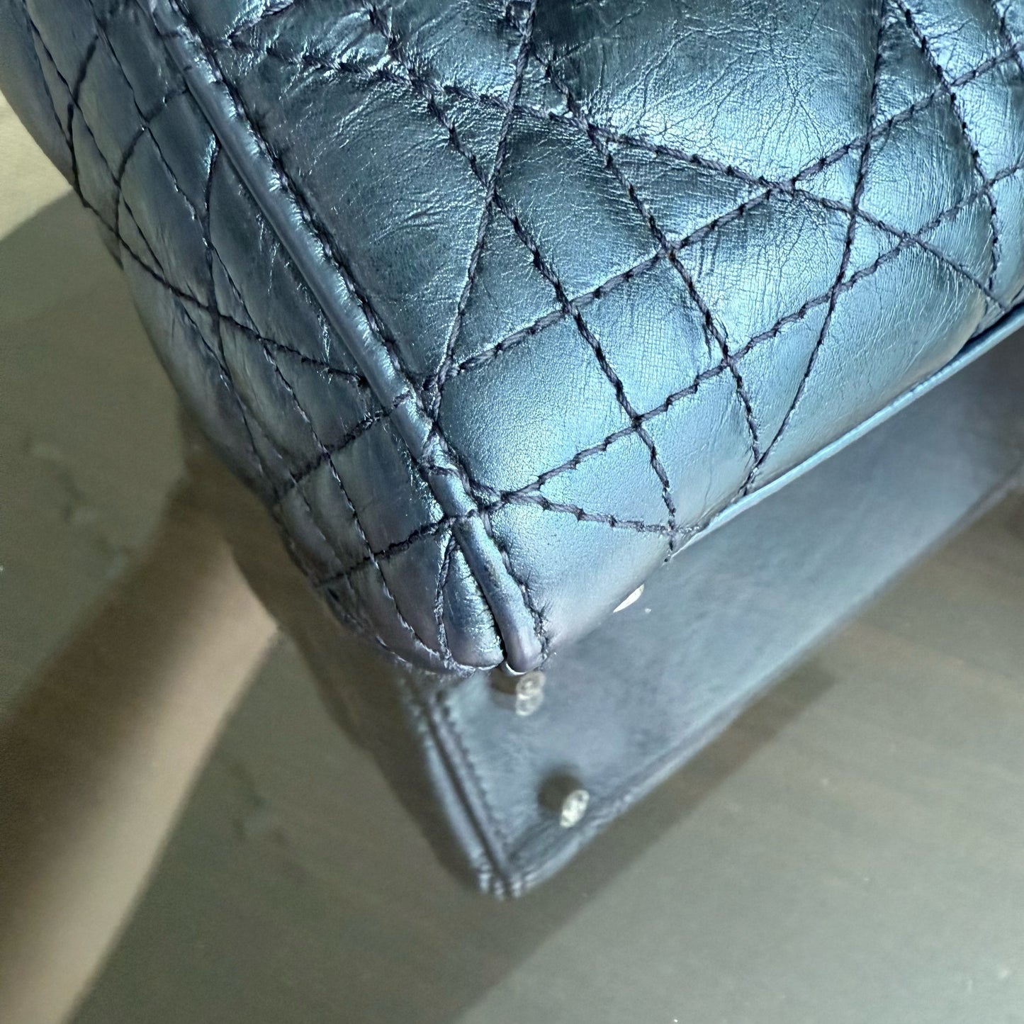 Kovancy Lady Mini - Cuir de veau glacé Cannage bleu métallisé, quincaillerie argentée