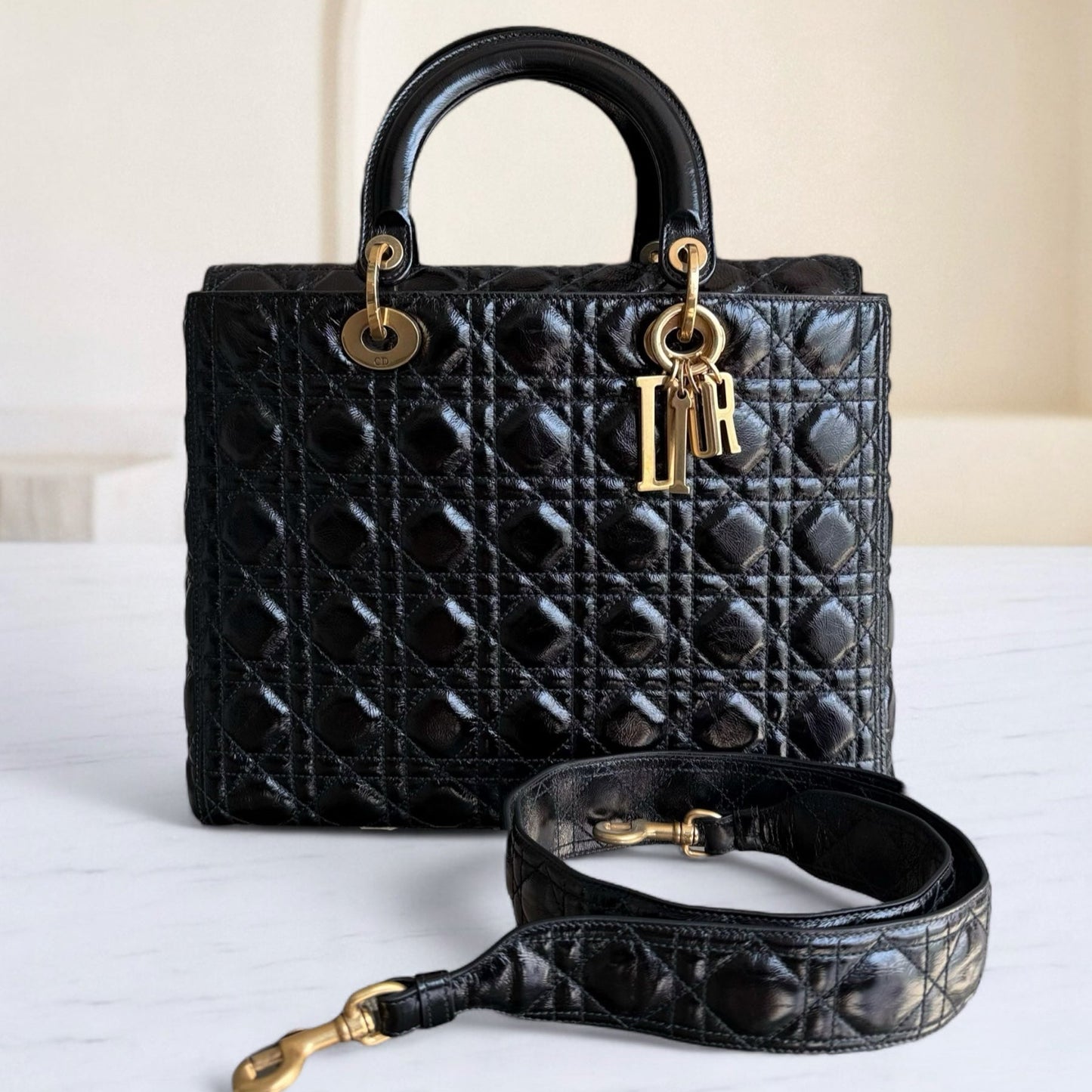 DIO Lady Grand Rabat - Canange Glazed Calfskin, Black and Gold Finishes