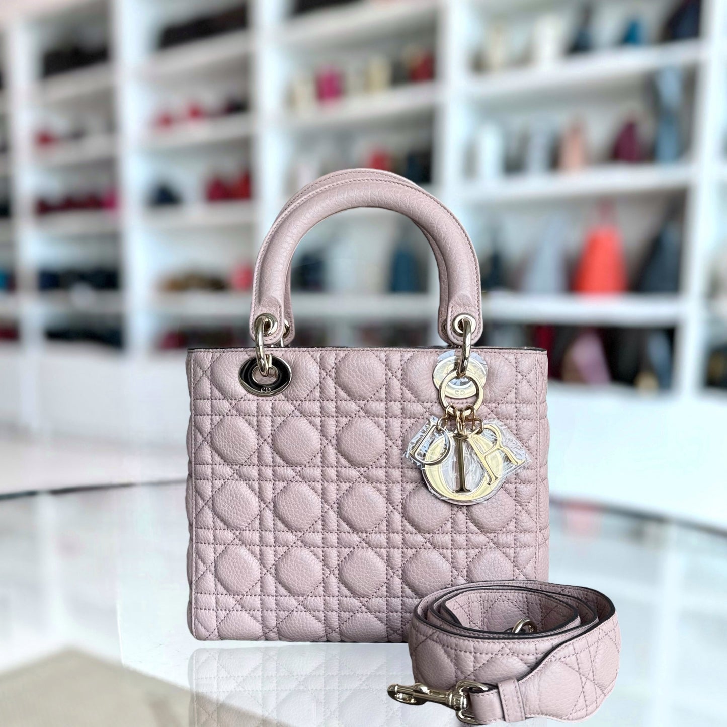 DIOR Lady Dior Medium Bag - Grained Calfskin Cannage Nude Rose Gold-Tone Hardware