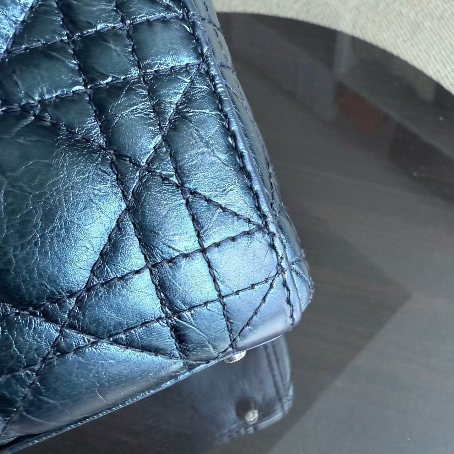 Kovancy Lady Mini - Cuir de veau glacé Cannage bleu métallisé, quincaillerie argentée