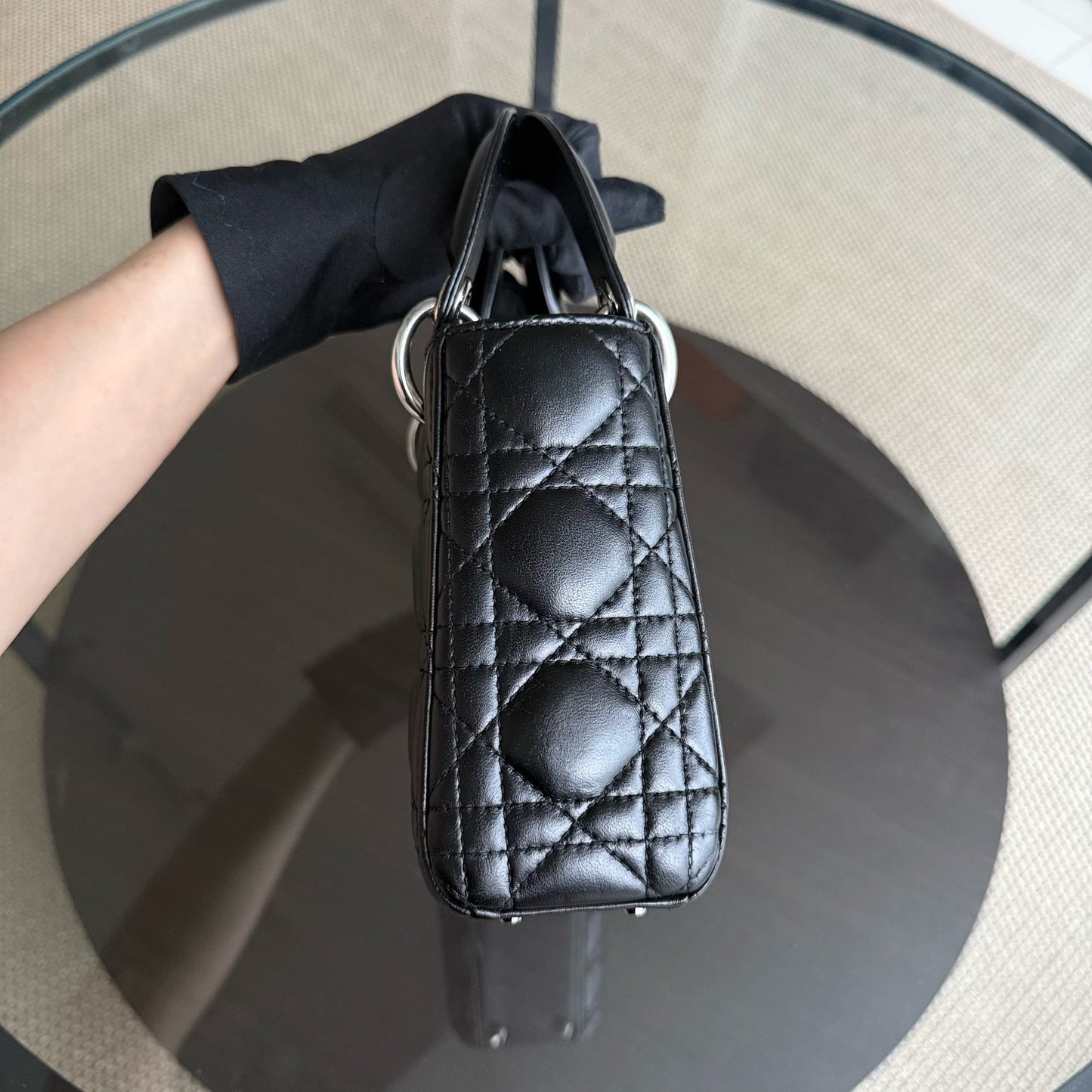 Kovancy Lady Mini - Sangle réglable en cuir d'agneau Cannage noir et argent