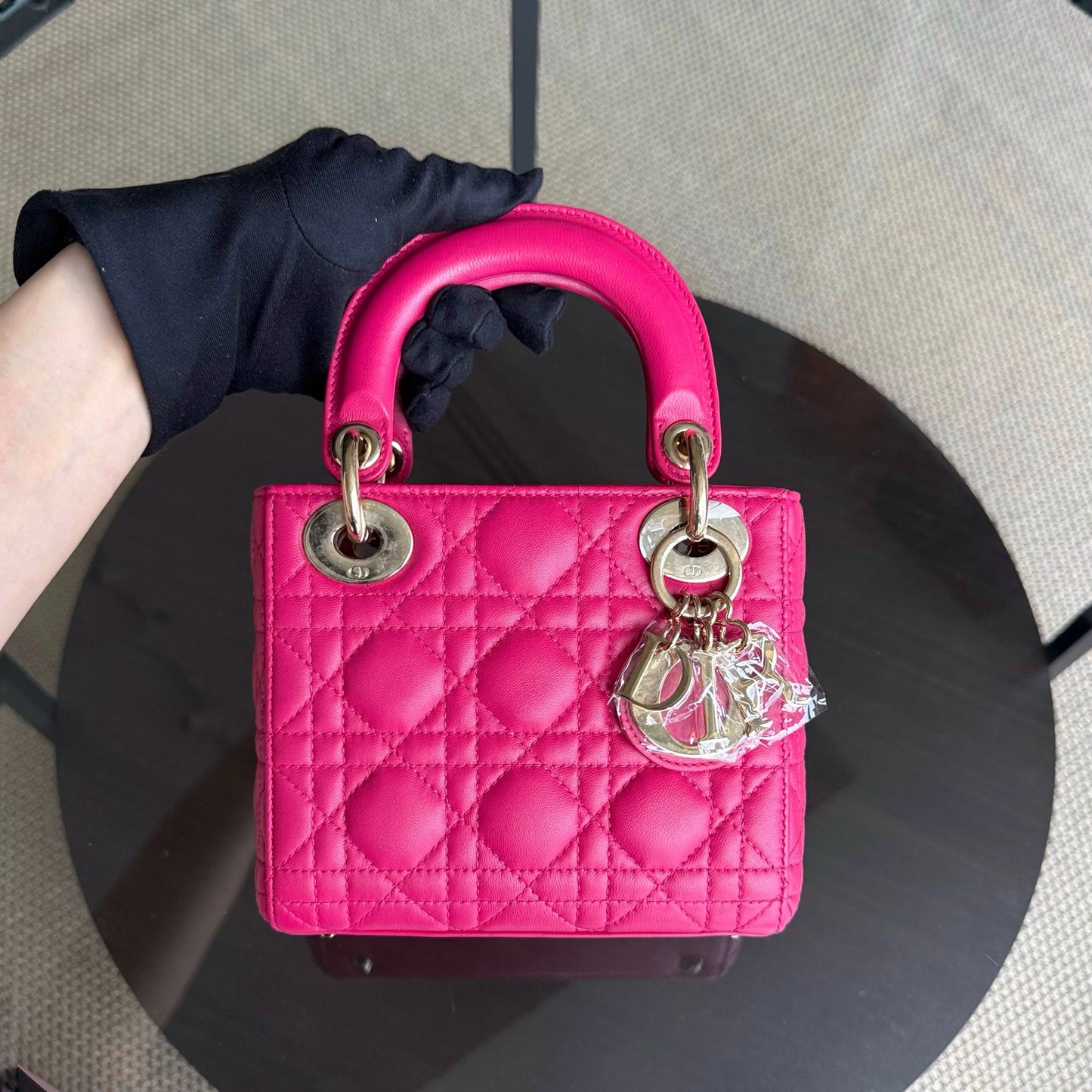 Dior Lady Mini - Bright Pink Cannage Lambskin Adjustable Strap with Gold Hardware