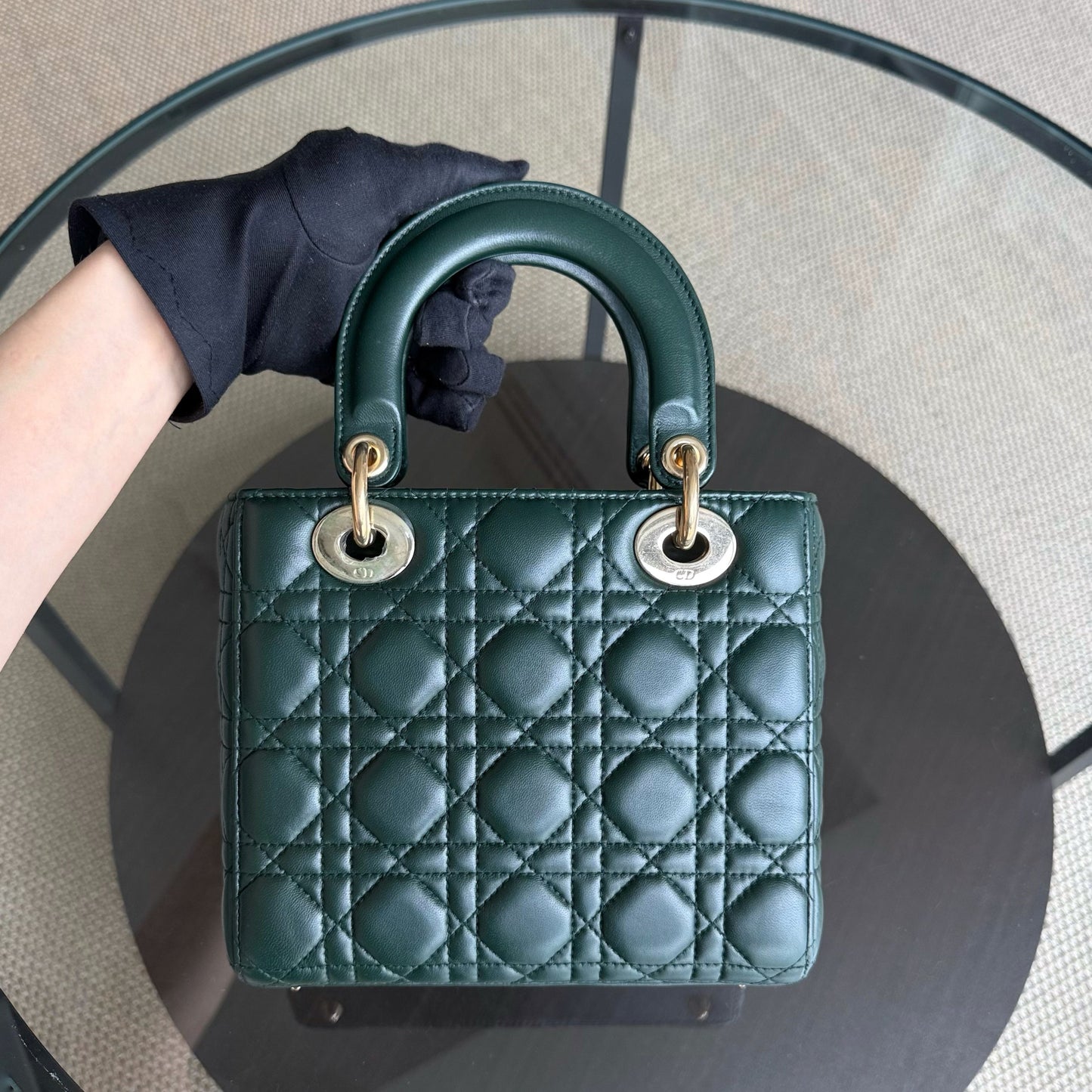 Kovancy Lady Petit ABC - Cuir d'agneau Cannage vert foncé, quincaillerie dorée MyABC