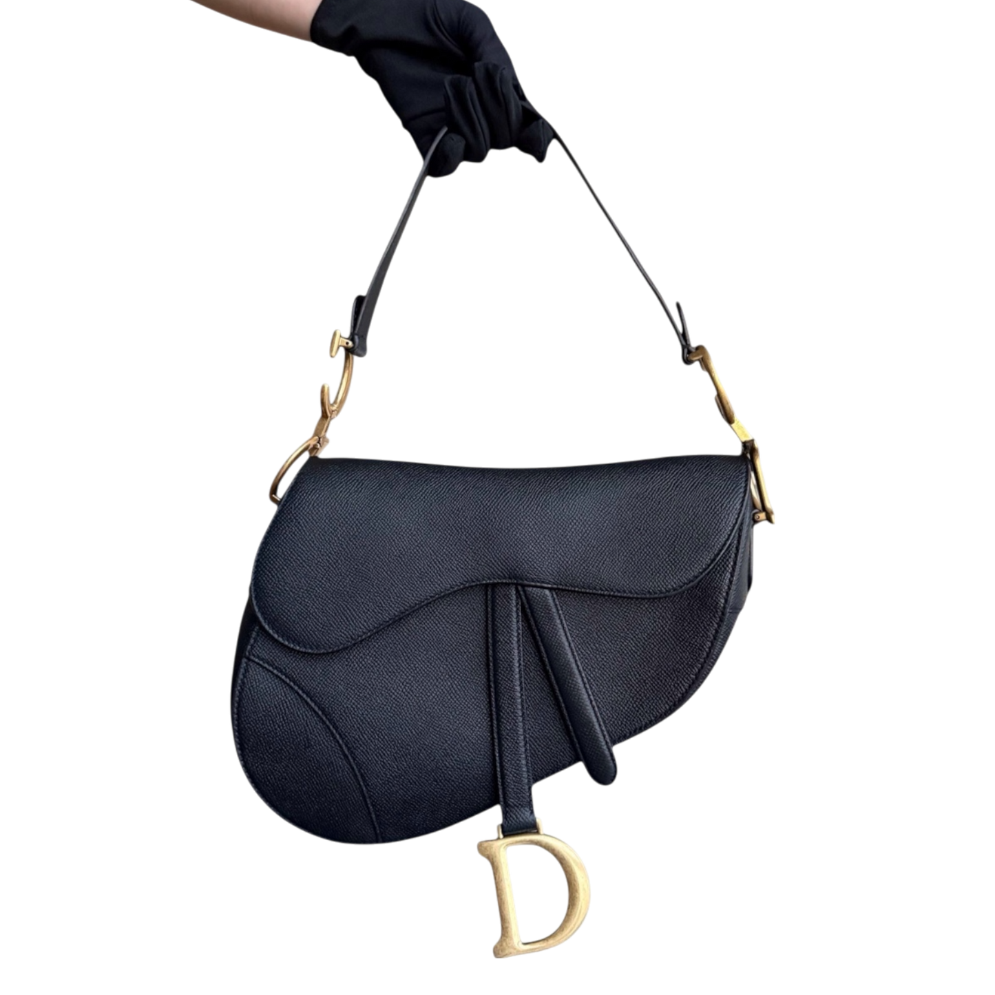 Kovancy Saddle Medium - Cuir de veau grainé caviar, finitions dorées noires