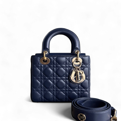 Kovancy Lady Petit rabat - Cuir d'agneau Cannage bleu foncé, quincaillerie dorée