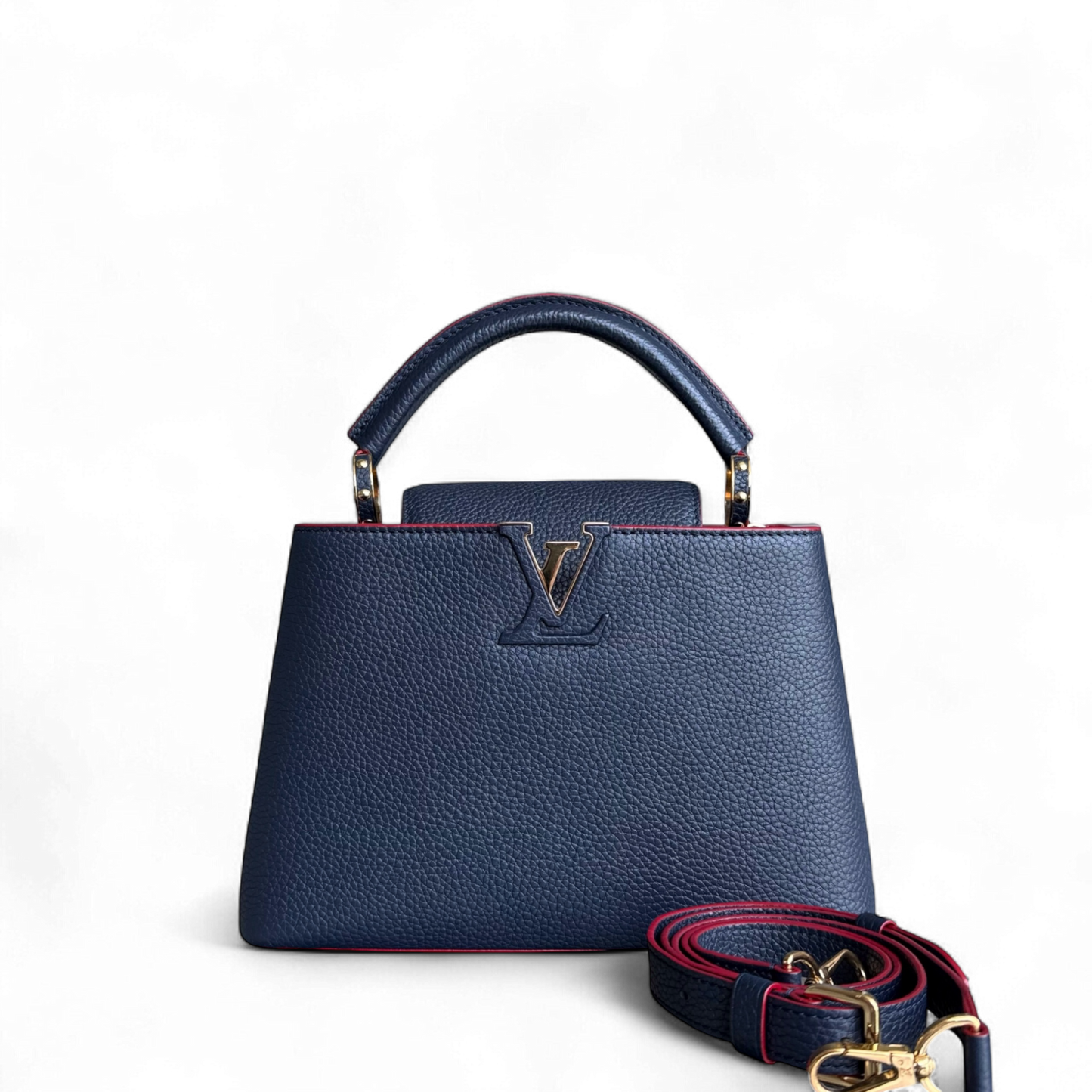 Kovancy Capucines BB - Cuir de veau grainé Bleu foncé Fuchsia Ferrures dorées