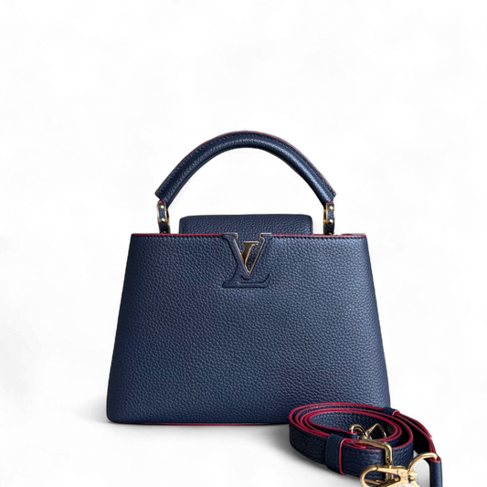 Kovancy Capucines BB - Cuir de veau grainé Bleu foncé Fuchsia Ferrures dorées