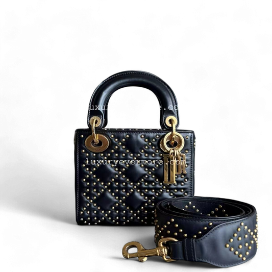 Kovancy Lady Mini sac en cuir d'agneau matelassé clouté noir avec accessoires dorés