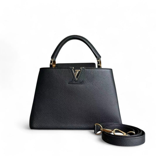 Kovancy Capucines BB - Cuir de veau grainé Taurillon Noir Quincaillerie dorée
