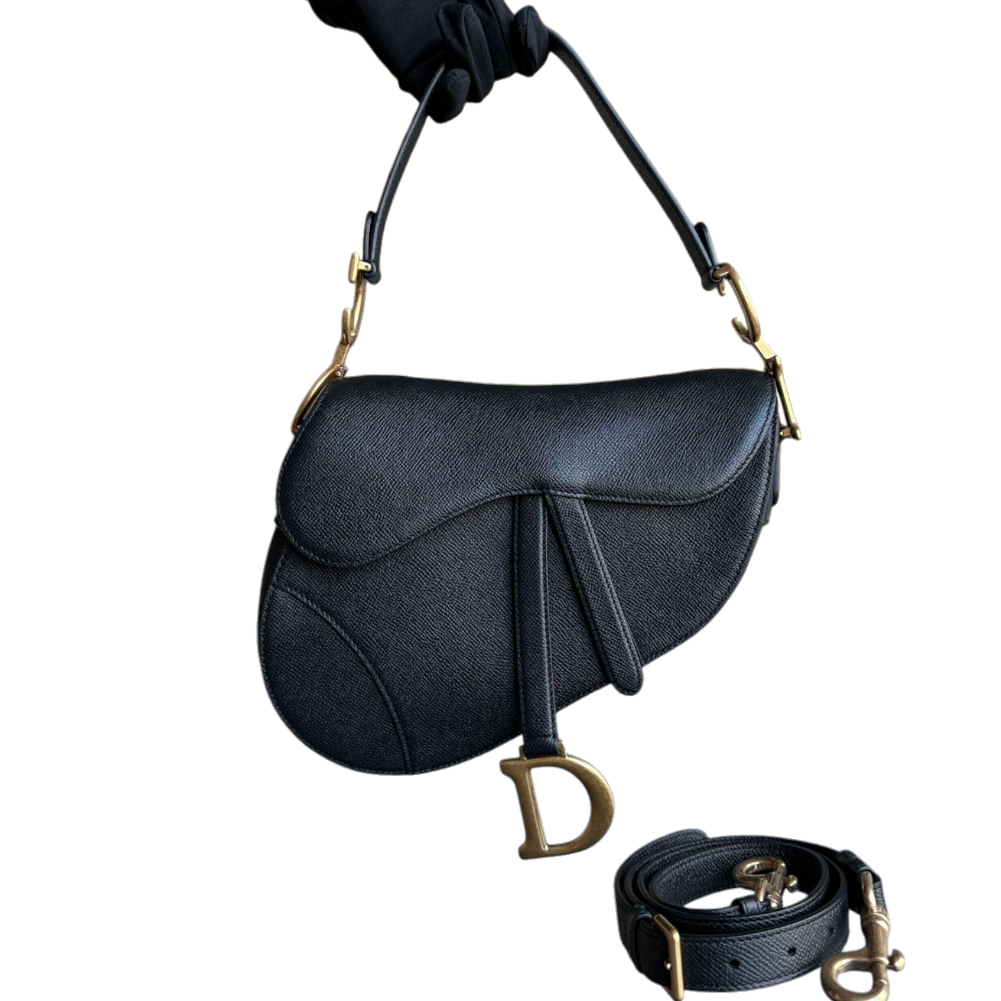 Kovancy Selle Medium avec sangle - Cuir de veau grainé noir, finitions dorées