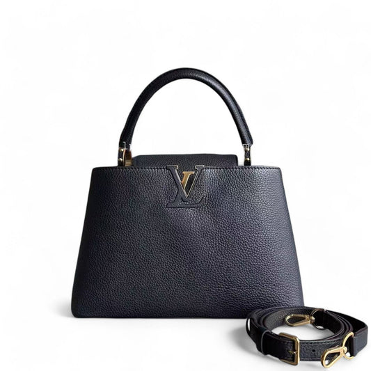 Kovancy Capucines MM - Cuir de veau grainé Taurillon Noir Quincaillerie dorée