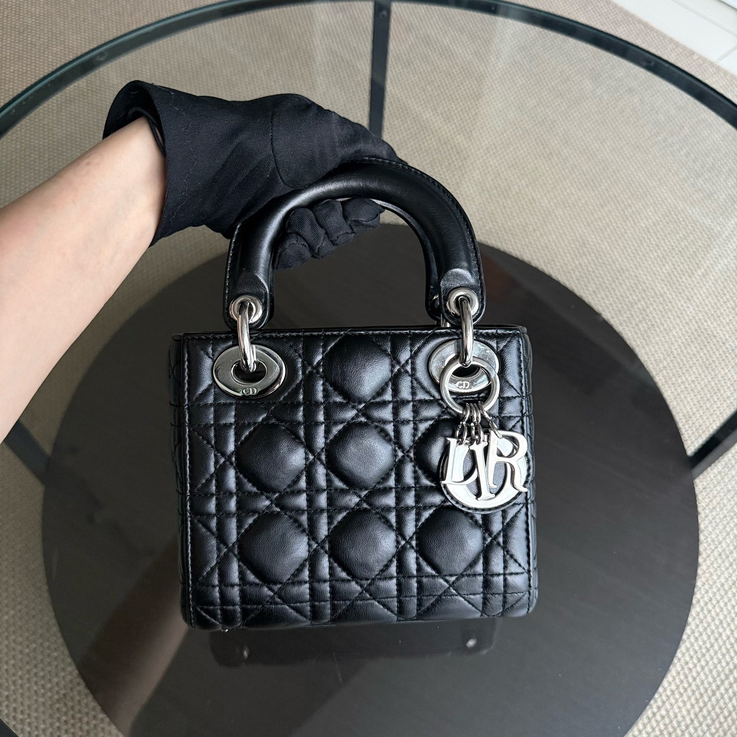 Kovancy Lady Mini - Sangle réglable en cuir d'agneau Cannage noir et argent