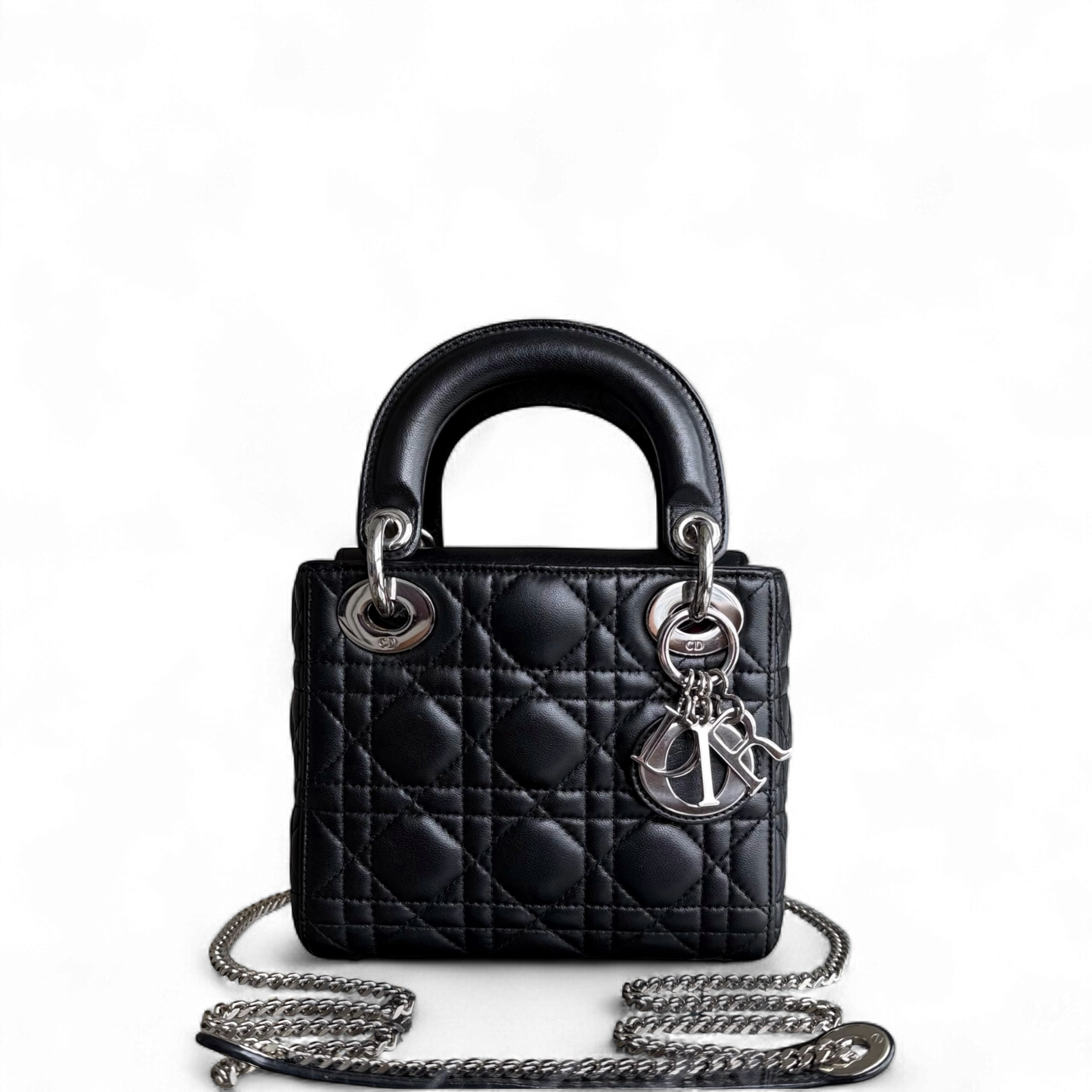 Kovancy Lady Mini - Sangle à chaîne en cuir d'agneau Cannage noir et matériel argenté
