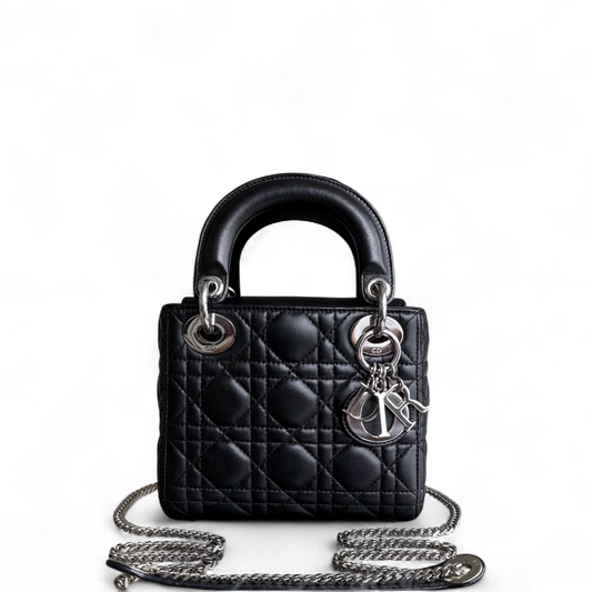 Kovancy Lady Mini - Sangle à chaîne en cuir d'agneau Cannage noir et matériel argenté