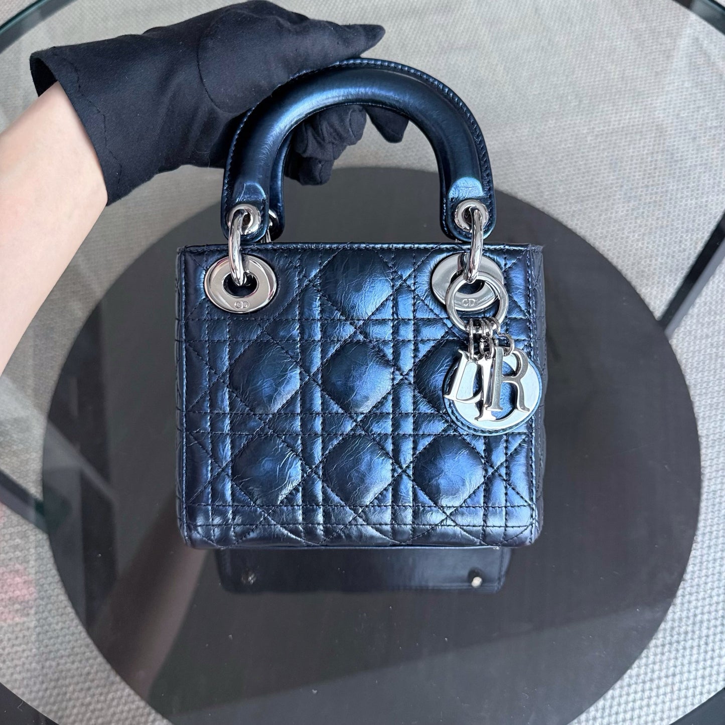 Kovancy Lady Mini - Cuir de veau glacé Cannage bleu métallisé, quincaillerie argentée