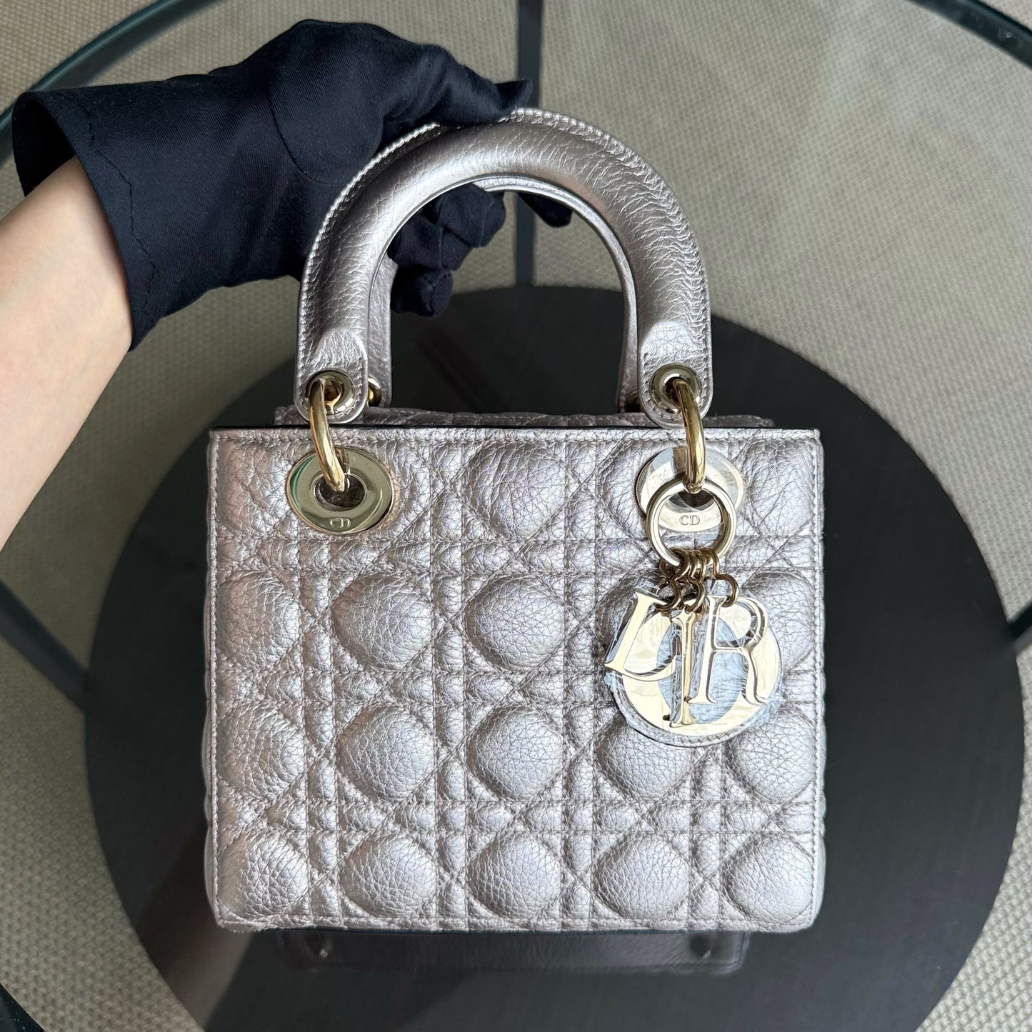 DIO Lady Petite - Cannage Calfskin Rose Gold Metallic Gold Hardware