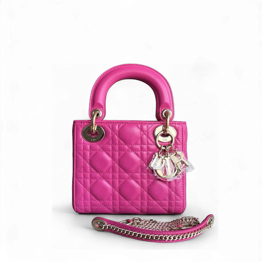 Kovancy Lady Mini - Bandoulière en cuir d'agneau Cannage rose vif avec chaîne et quincaillerie dorée