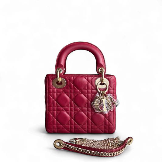 Kovancy Lady Mini - Bracelet chaîne en cuir d'agneau Cannage rouge foncé avec quincaillerie dorée