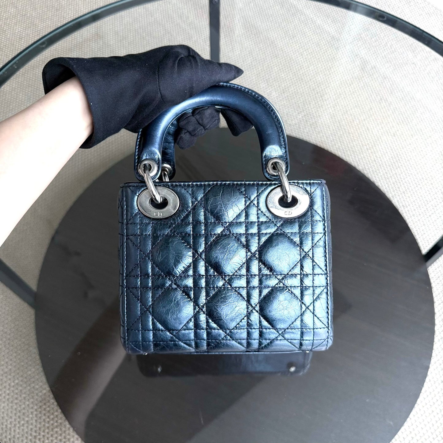 Kovancy Lady Mini - Cuir de veau glacé Cannage bleu métallisé, quincaillerie argentée