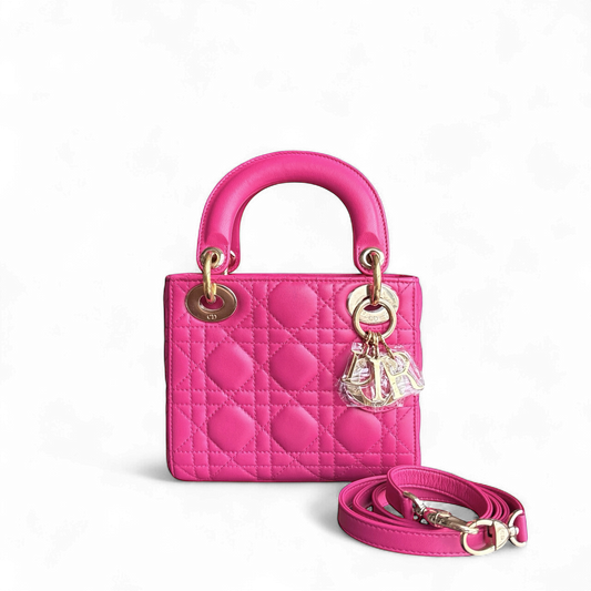 Kovancy Lady Mini - Bandoulière réglable en cuir d'agneau Cannage rose vif avec quincaillerie dorée