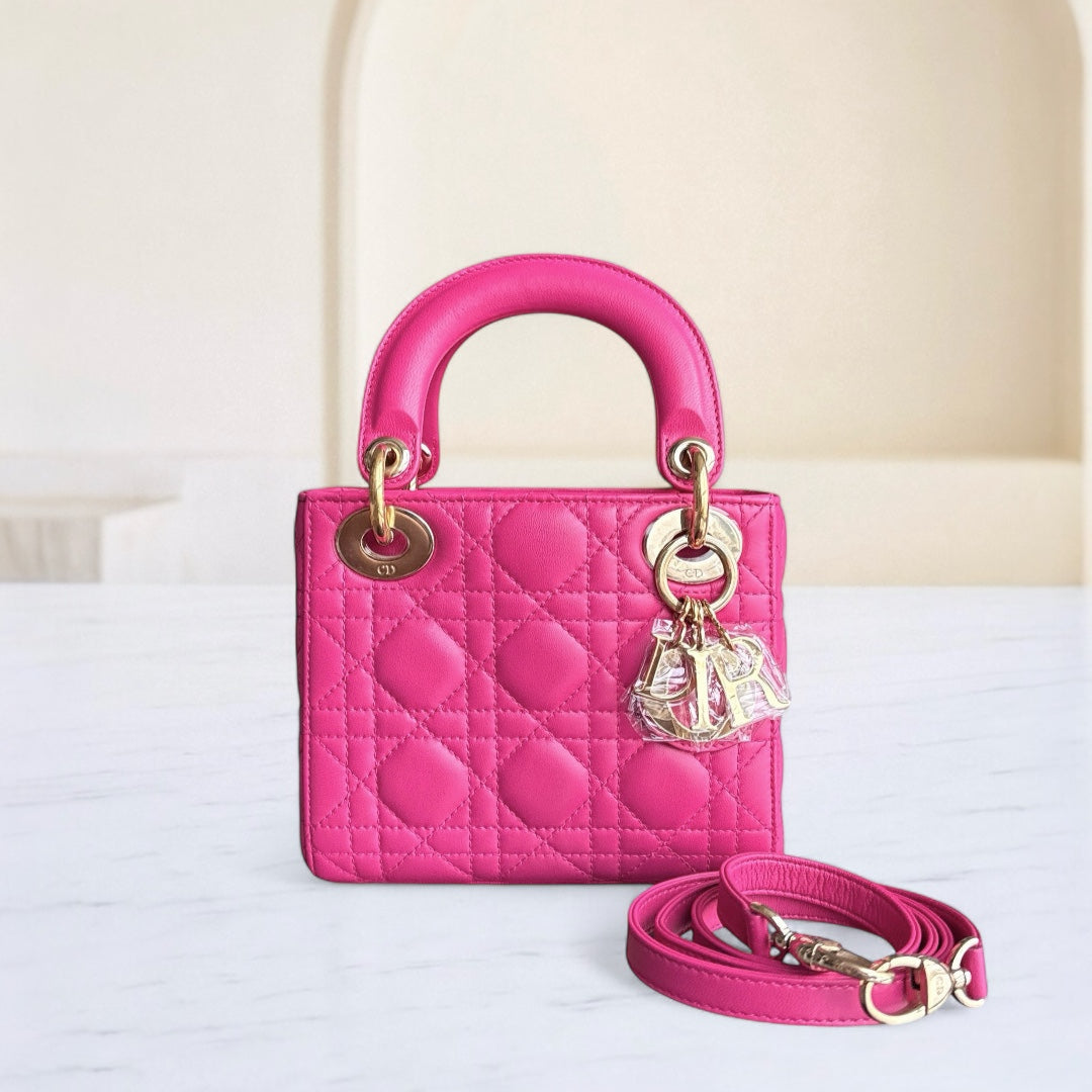 Kovancy Lady Mini - Bandoulière réglable en cuir d'agneau Cannage rose vif avec quincaillerie dorée
