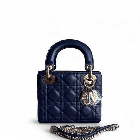 Kovancy Lady Mini - Bandoulière en cuir d'agneau Cannage bleu foncé avec chaîne et quincaillerie dorée