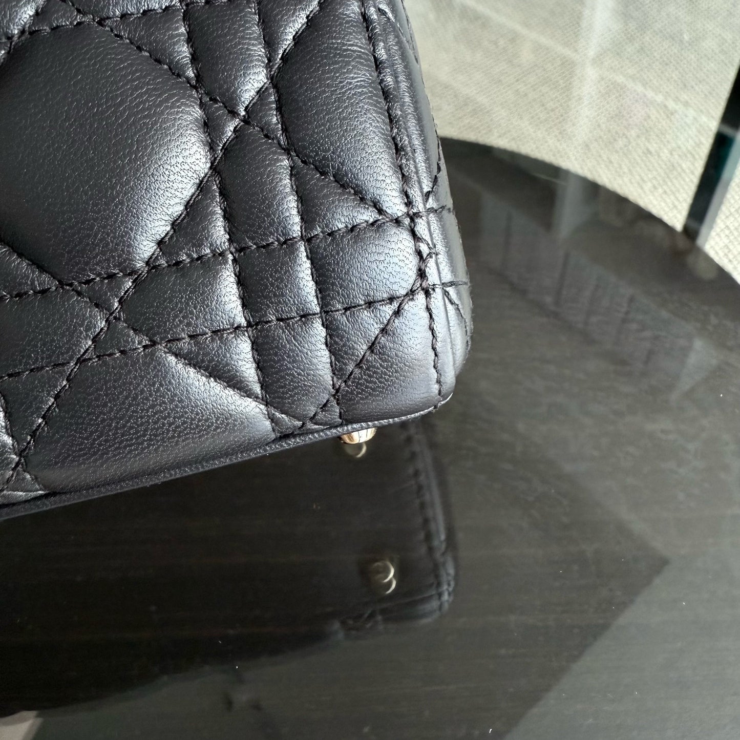 DIO Lady Mini - Dark Grey Cannage Lambskin Chain Strap with Gold Hardware