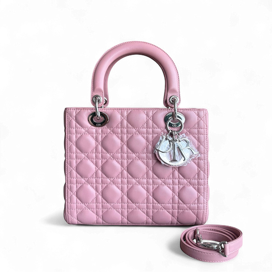 Kovancy Lady Cannage moyen en cuir d'agneau rose avec accessoires argentés
