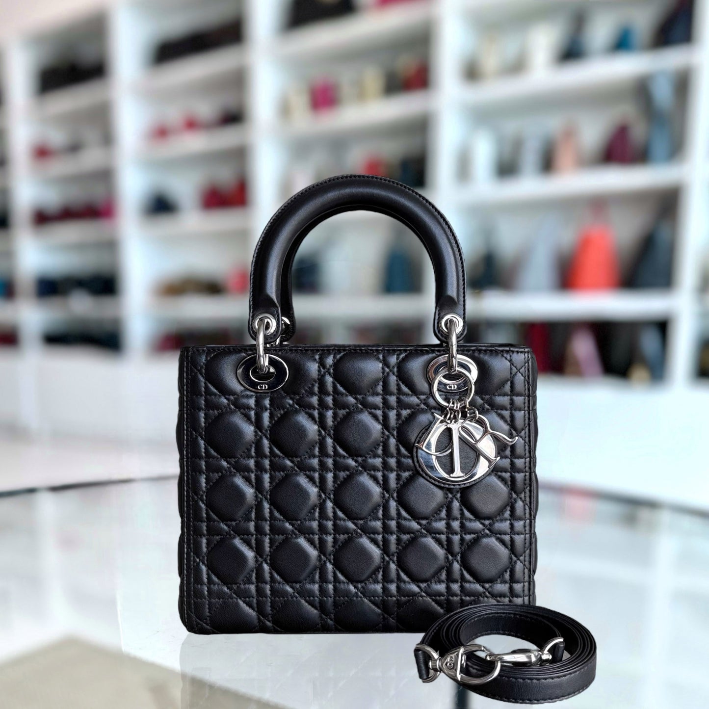 Kovancy Lady Moyen - Cuir d'agneau Cannage noir et matériel argenté