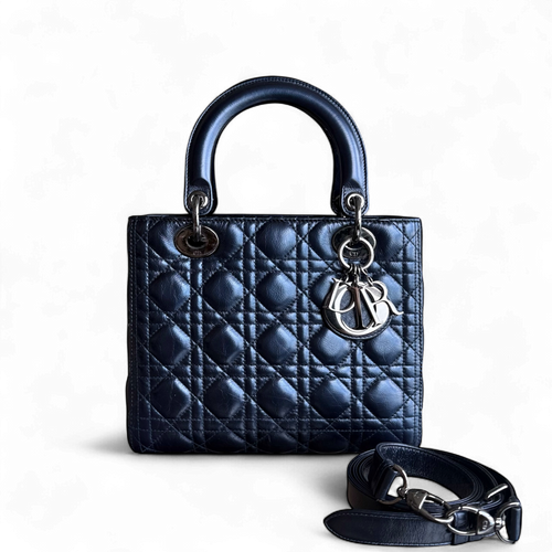 Kovancy Lady Cuir de veau glacé Cannage moyen bleu foncé, accessoires argentés