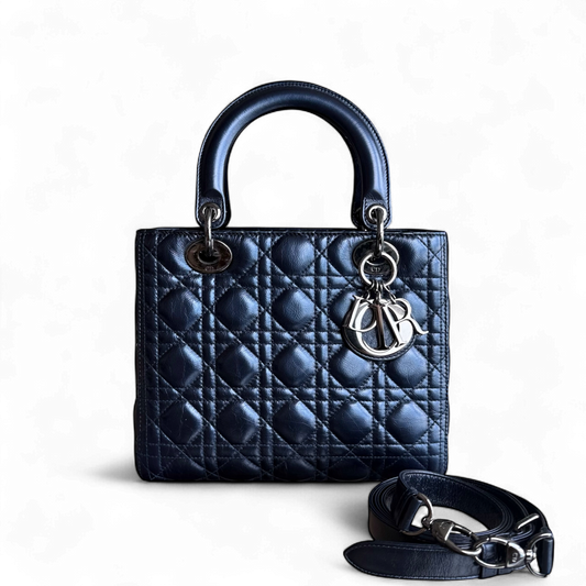 Kovancy Lady Cuir de veau glacé Cannage moyen bleu foncé, accessoires argentés