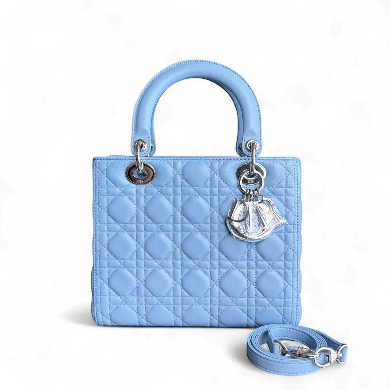 Kovancy Lady Cuir d'agneau Cannage moyen bleu clair avec accessoires argentés
