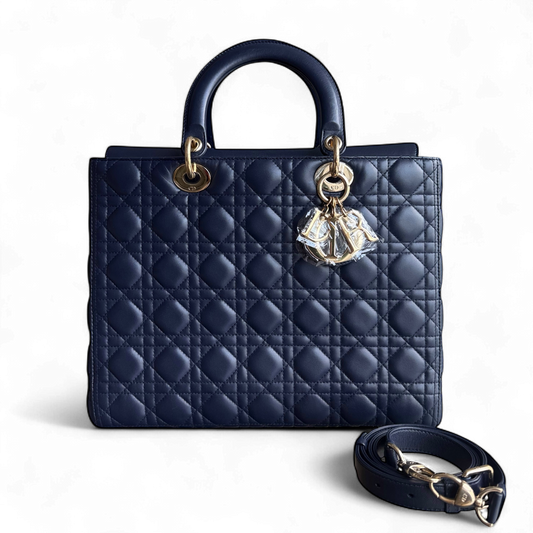 Kovancy Lady Grand rabat - Cuir d'agneau Canange bleu foncé, accessoires dorés