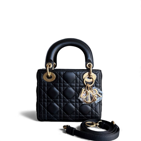 Kovancy Lady Mini - Bandoulière réglable en cuir d'agneau noir Cannage avec quincaillerie dorée