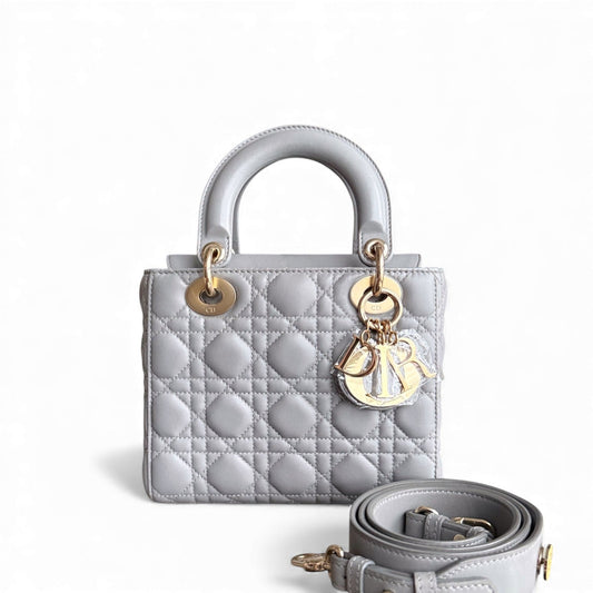 Kovancy Lady Petit - Cuir d'agneau Cannage Gris clair Quincaillerie grise et dorée