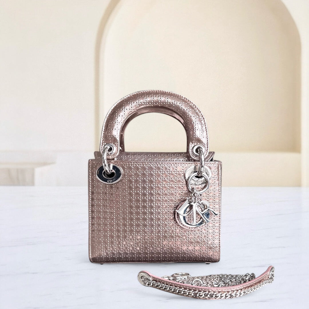 Kovancy Lady Mini - Bandoulière chaîne en cuir de veau micro-cannage métallisé or rose et métal argenté