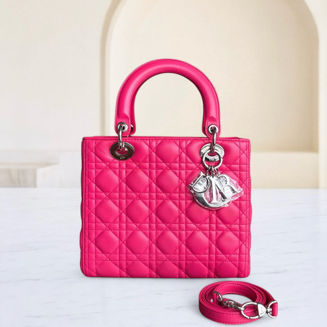 Kovancy Lady Moyen - Cuir d'agneau Cannage rose vif, quincaillerie argentée