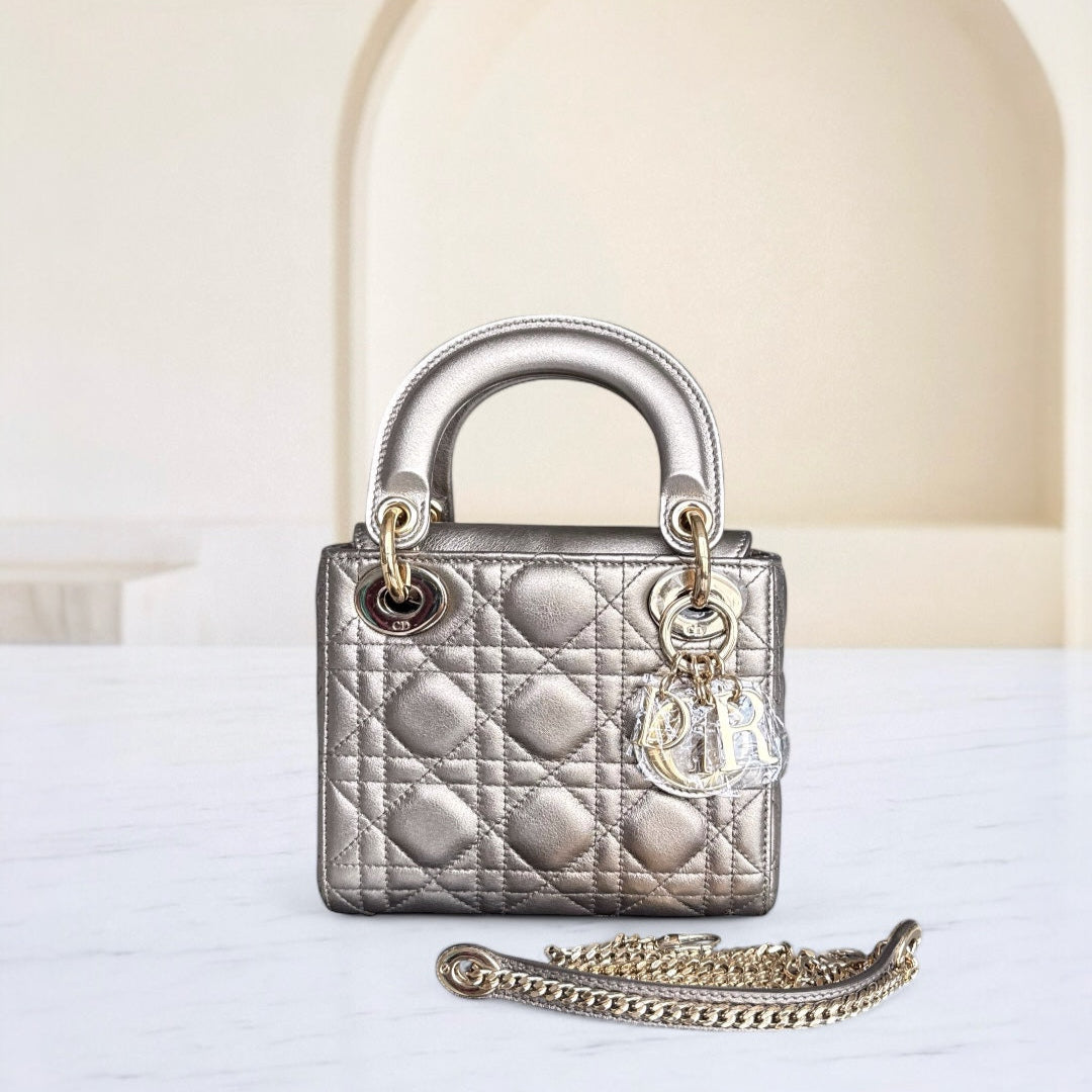 DIO Lady Mini - Cannage bronze metallic calfskin chain shoulder bag with gold-tone hardware