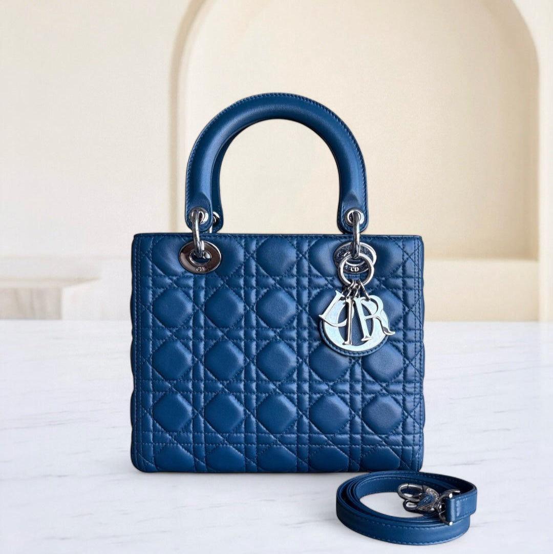Kovancy Lady Moyen - Cuir d'agneau Cannage bleu, quincaillerie argentée