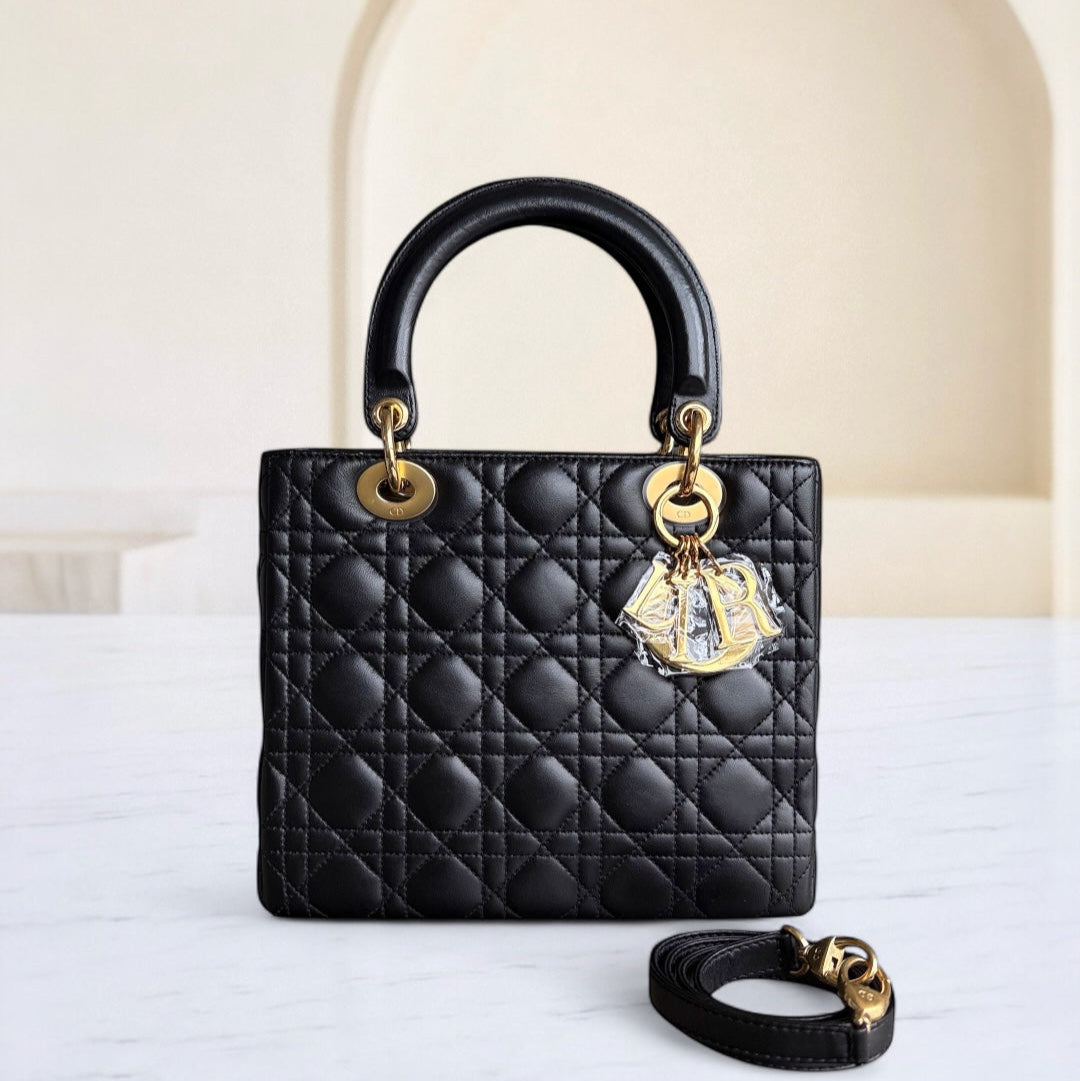 DIO Lady Medium - Black Cannage Lambskin and Gold-Tone Hardware