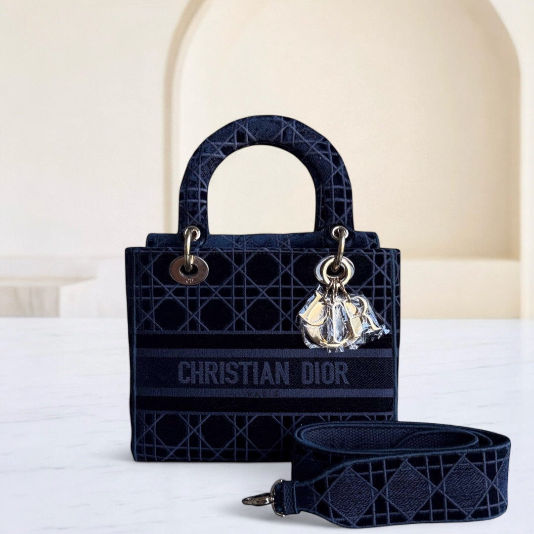 Dior Lady D-lite - Cannage Canvas Dark Blue Gold Hardware