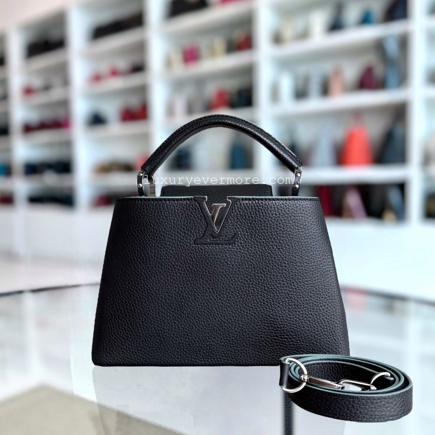 LVT Capucines BB - Black Taurillon Grained Calfskin Silver-colored and Black Hardware