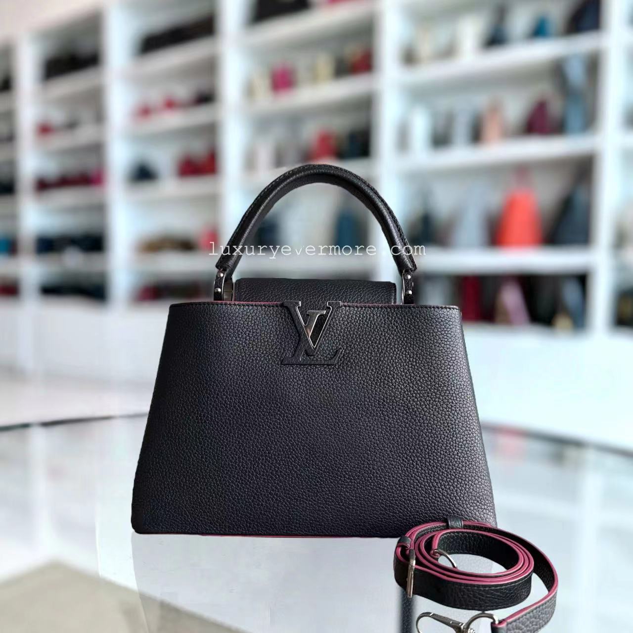 LVT Capucines - MM Black Taurillon Grained Calfskin Silver-tone Hardware