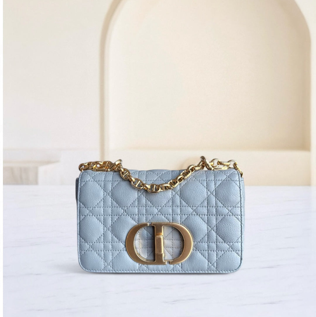 Kovancy Caro Small - Cuir de veau grainé Cannage Gris Gris Métal doré